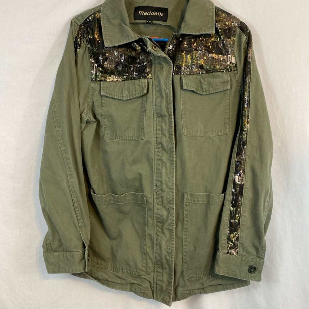 Madden NYC Olive Utility Jacket with Sequin Detail size large
